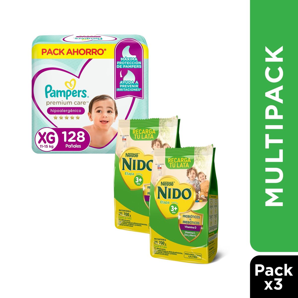 NIDO - Pack Ahorro 2x bolsa Nido etapa 3 + 1x Pañal Pampers Premium Care XG 128