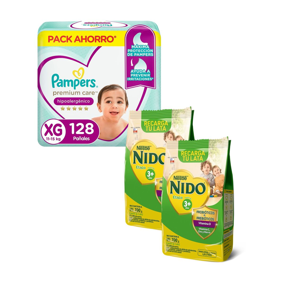 NIDO - Pack Ahorro 2x bolsa Nido etapa 3 + 1x Pañal Pampers Premium Care XG 128