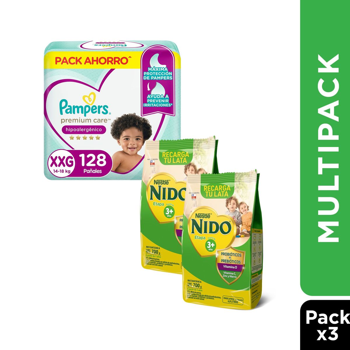 NIDO - Pack Ahorro 2x bolsa Nido etapa 3 + 1x Pañal Pampers Premium Care XXG 128