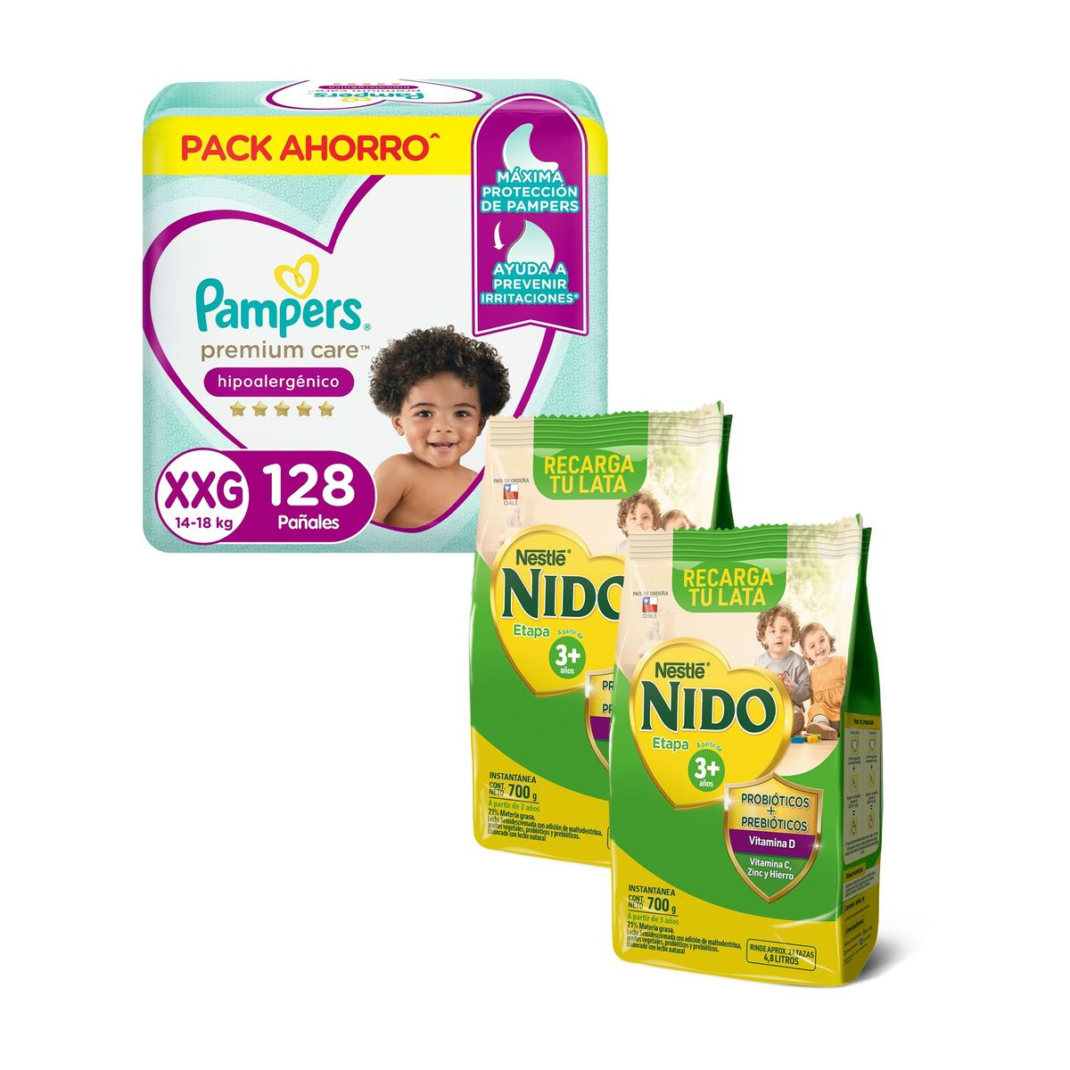 NIDO - Pack Ahorro 2x bolsa Nido etapa 3 + 1x Pañal Pampers Premium Care XXG 128
