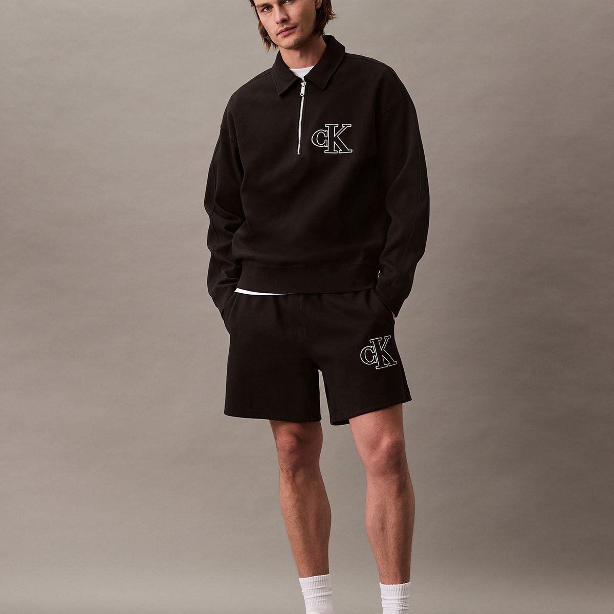 CALVIN KLEIN - Short de Punto de Canalé con Monograma Bordado Negro Calvin Klein