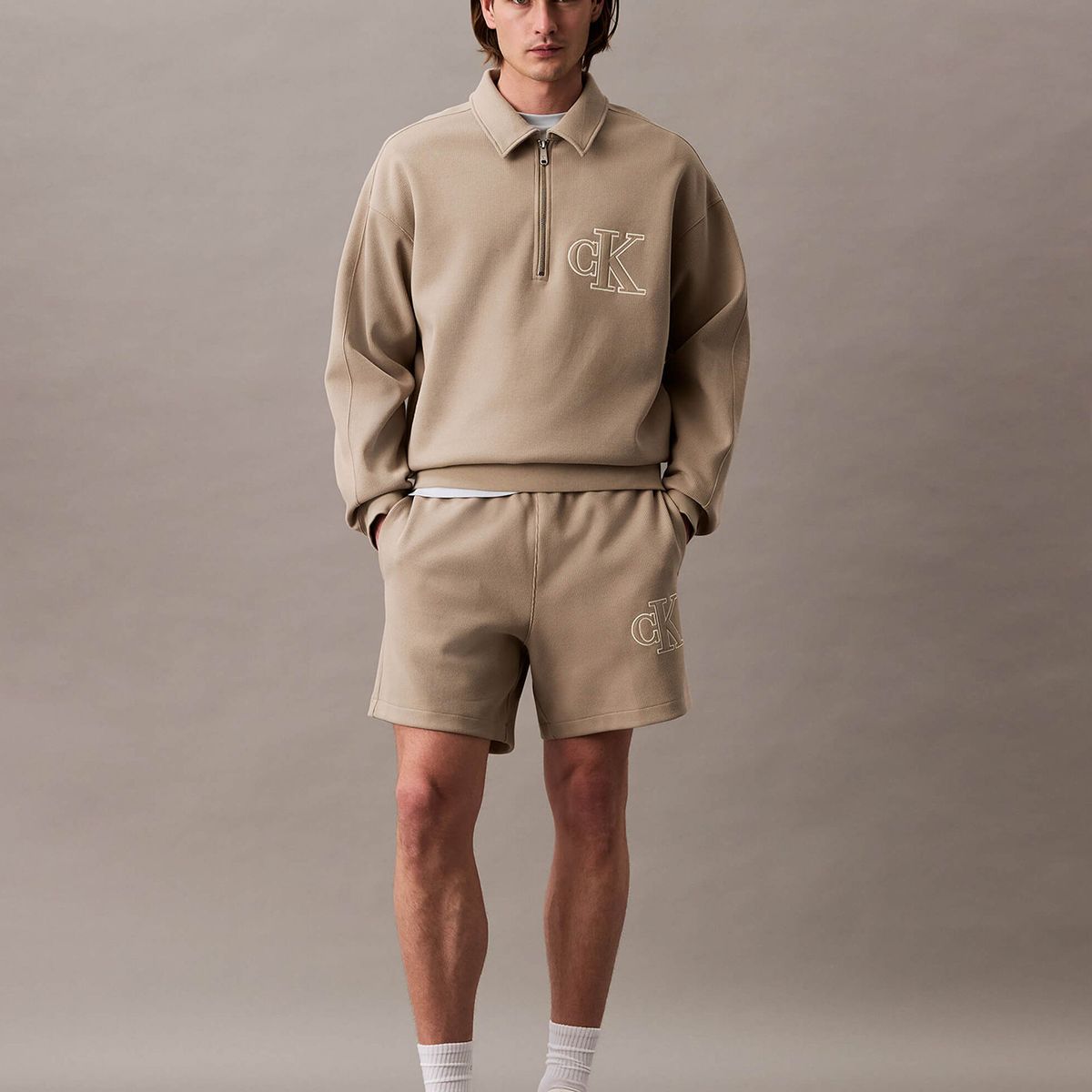 CALVIN KLEIN - Short de Punto de Canalé con Monograma Bordado Beige Calvin Klein