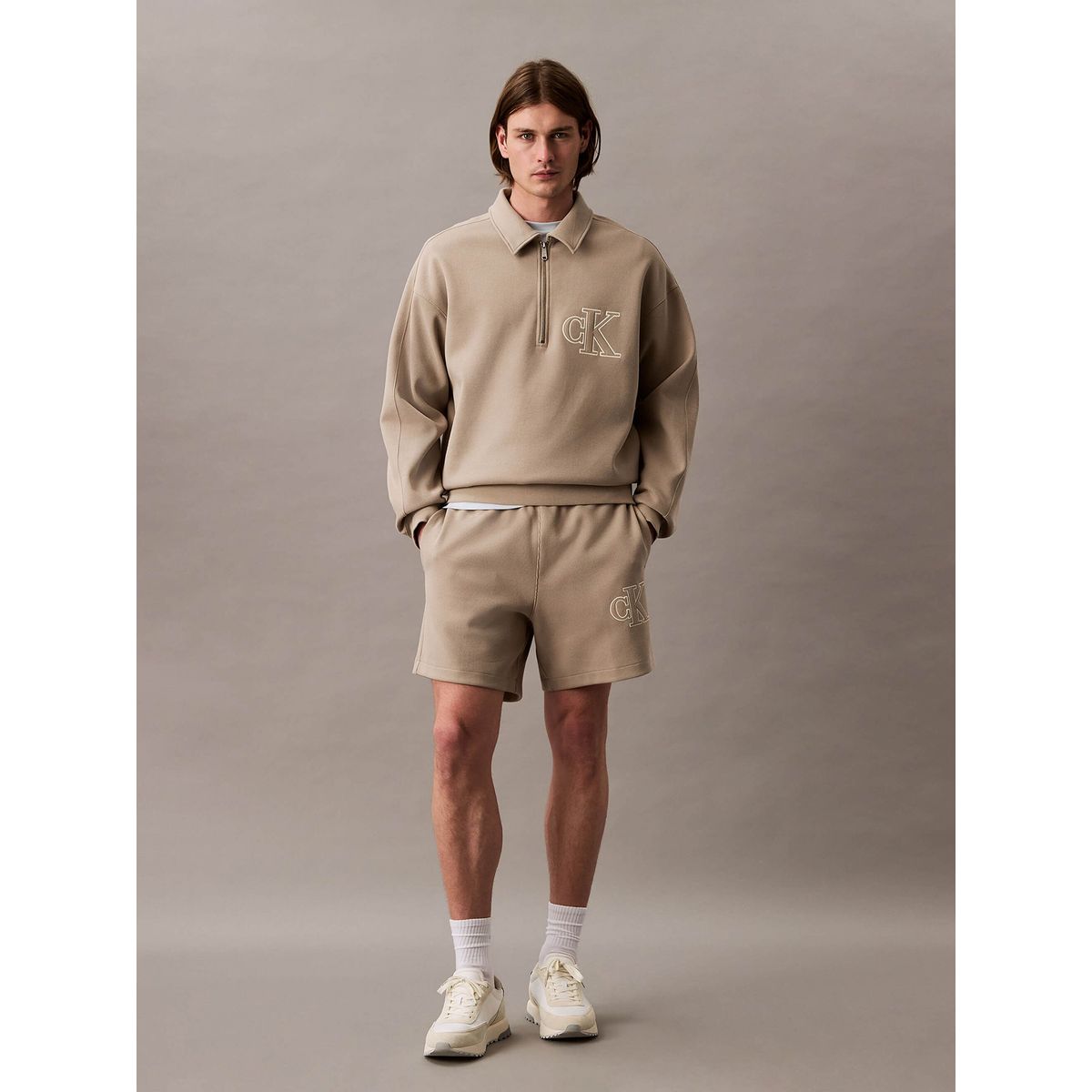 CALVIN KLEIN - Short de Punto de Canalé con Monograma Bordado Beige Calvin Klein