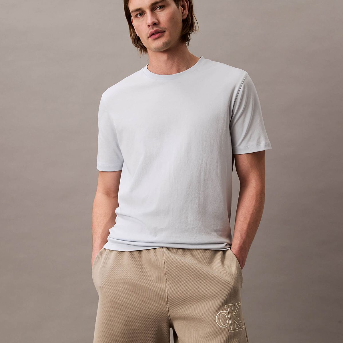 CALVIN KLEIN - Short de Punto de Canalé con Monograma Bordado Beige Calvin Klein