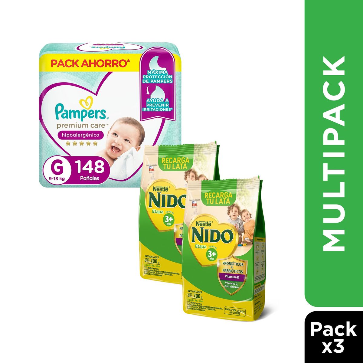 NIDO - Pack Ahorro 2x bolsa Nido etapa 3 + 1x Pañal Pampers Premium Care G 148