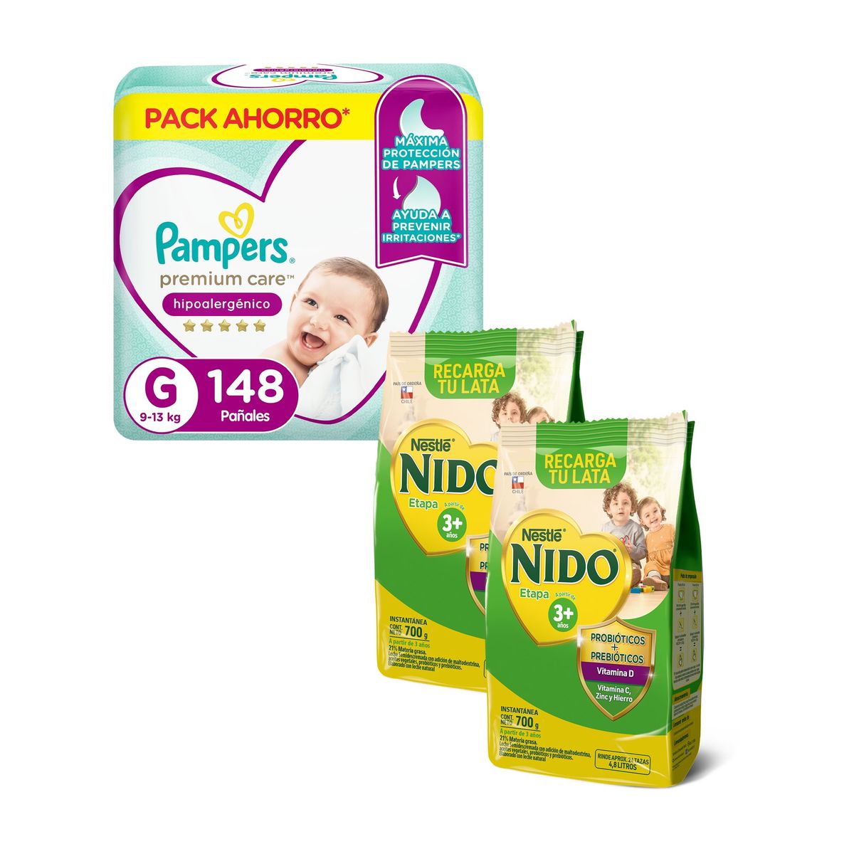 NIDO - Pack Ahorro 2x bolsa Nido etapa 3 + 1x Pañal Pampers Premium Care G 148