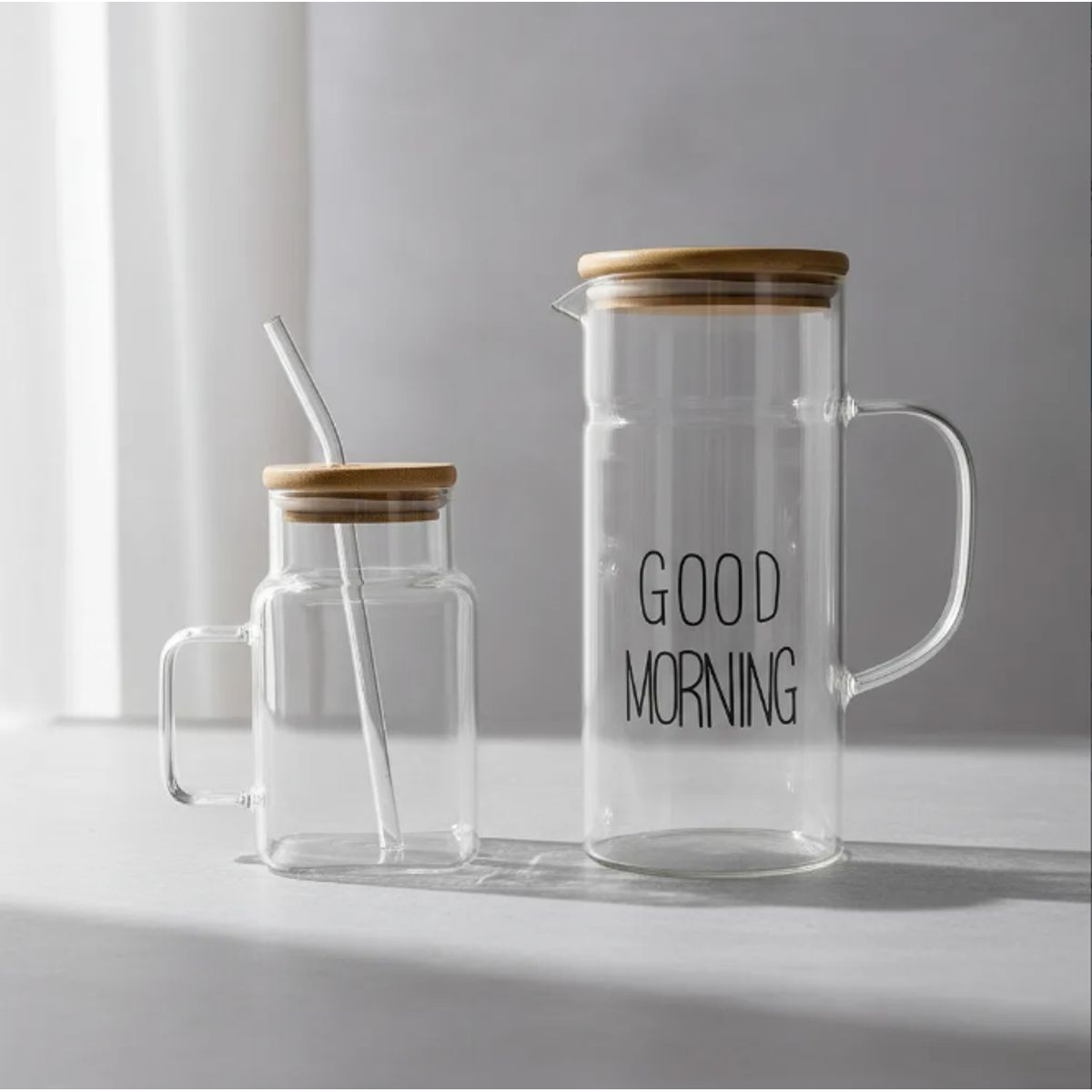 GENERICO - Set Jarra + Vaso De Vidrio Breakfast Tapa Bambú Y Bombilla Transparente Casa Cuore