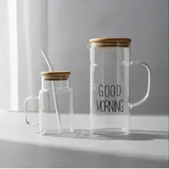 GENERICO - Set Jarra + Vaso De Vidrio Breakfast Tapa Bambú Y Bombilla Transparente Casa Cuore