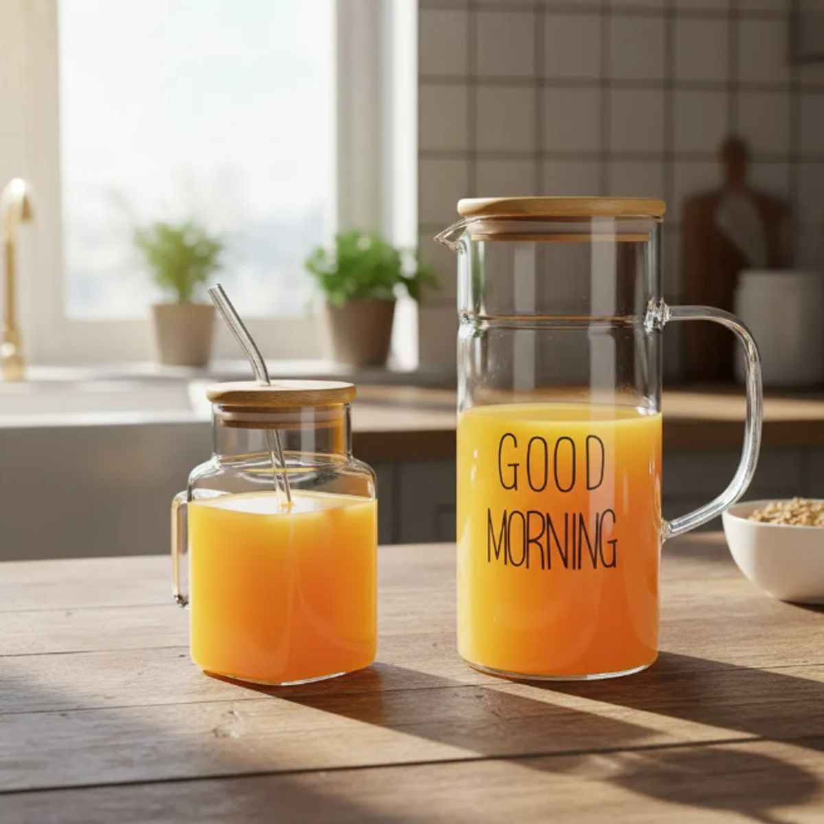 GENERICO - Set Jarra + Vaso De Vidrio Breakfast Tapa Bambú Y Bombilla Transparente Casa Cuore