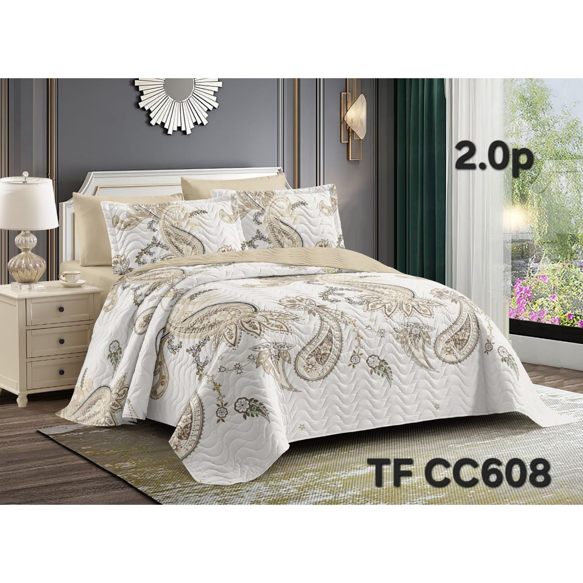 GENERICO - Cobertor Quilt de Verano 2 plazas Diseño Cachemira Tonos Crema