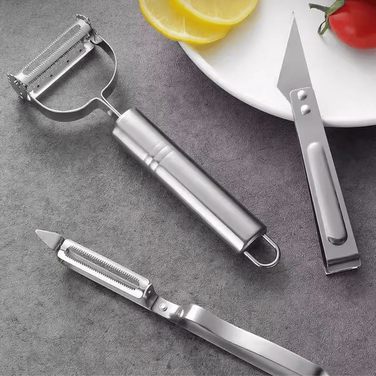 HOMESTAR - Set de 3 utensilios manuales de acero inoxidable para pelar y decorar frutas verduras