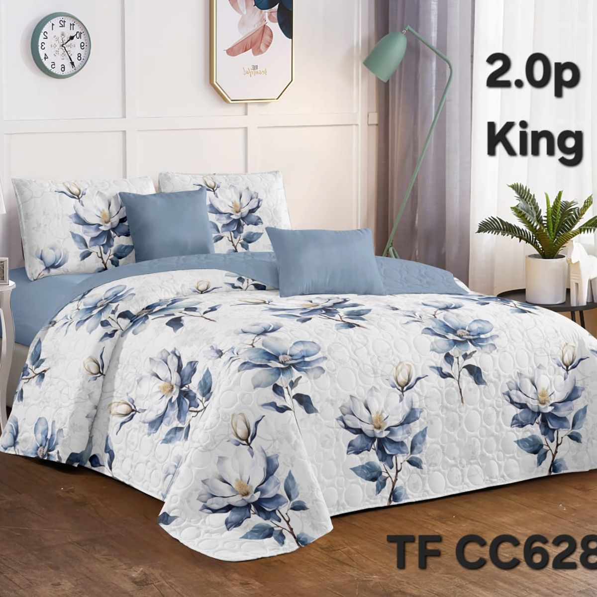 GENERICO - Cobertor Quilt de Verano 2 plazas Diseño Floreado Blanco y Celeste