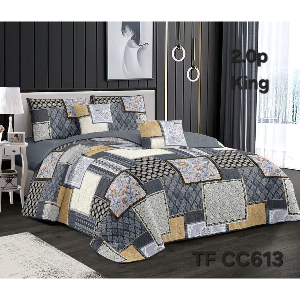 GENERICO - Cobertor Quilt de Verano 2 plazas Diseño Cuadros Gris Plomo y Crema