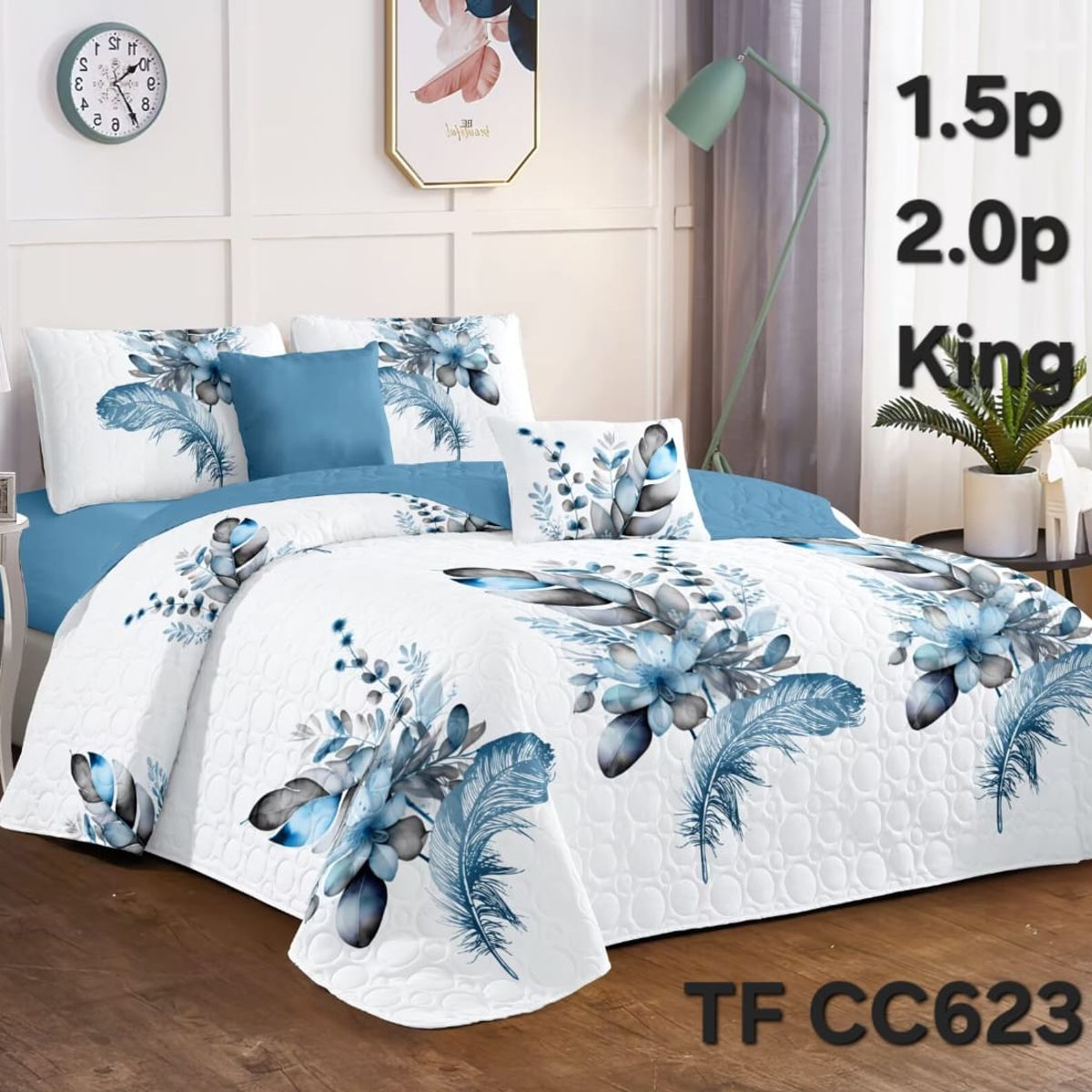 GENERICO - Cobertor Quilt de Verano 2 plazas Diseño Flores y Plumas Celeste