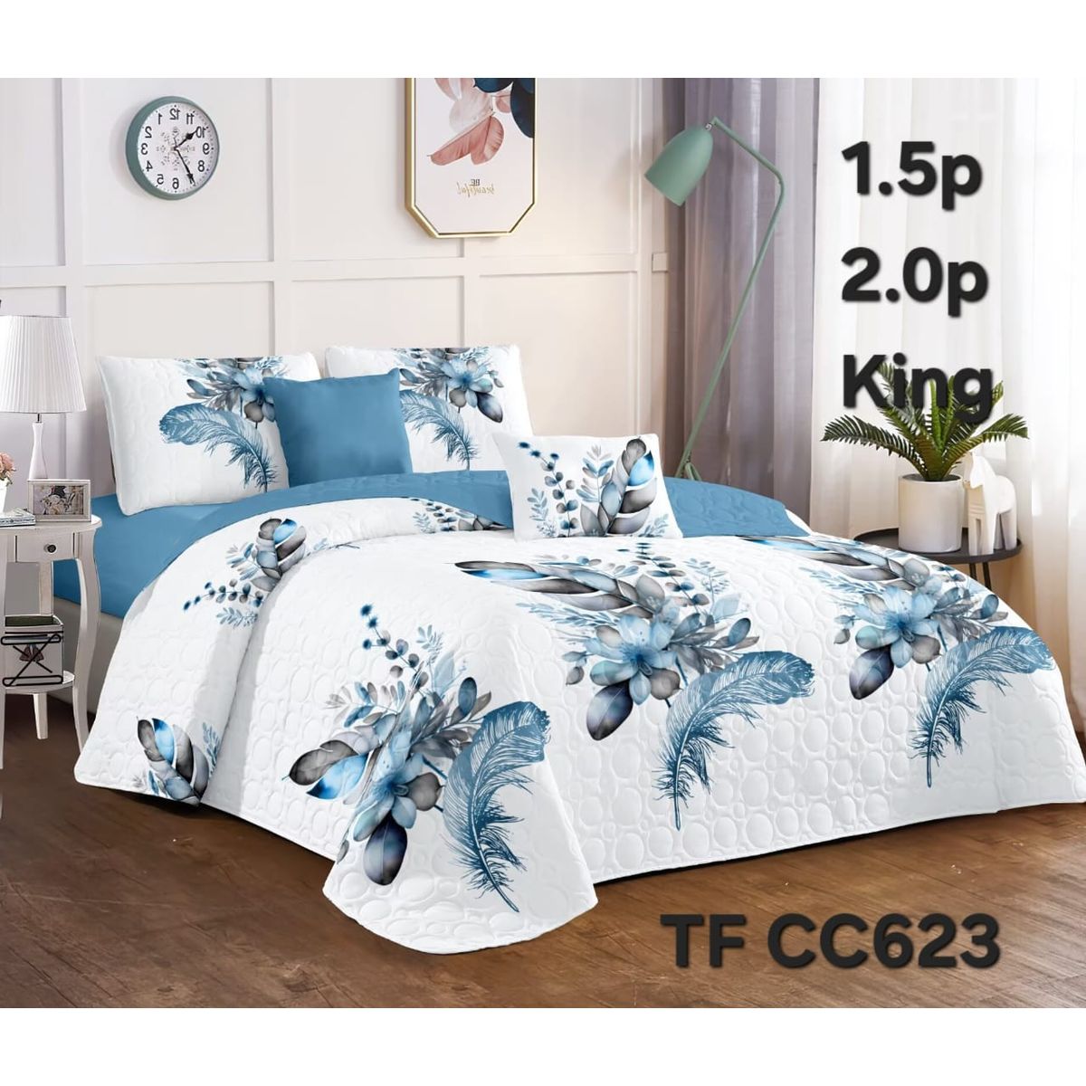 GENERICO - Cobertor Quilt de Verano 2 plazas Diseño Flores y Plumas Celeste