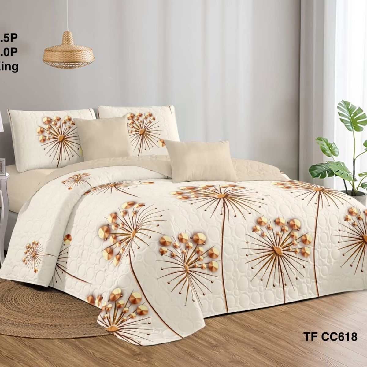 GENERICO - Cobertor Quilt de Verano 2 plazas Beige Diseño Destellos Dorados