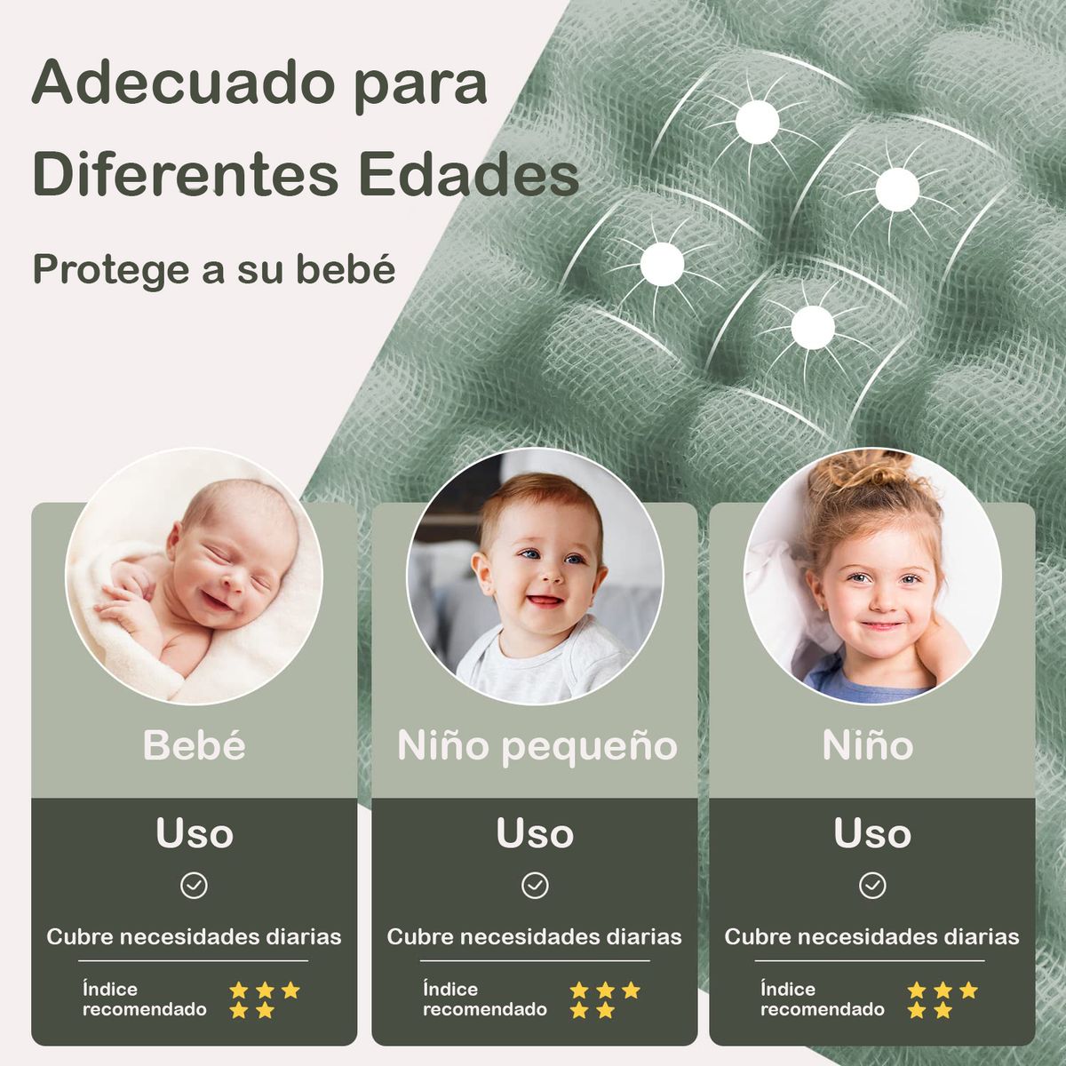 GENERICO - pack de 3 Toallas pambu algodon de muselina organica Hipoalergenico. Beige, Verde y Rosa.