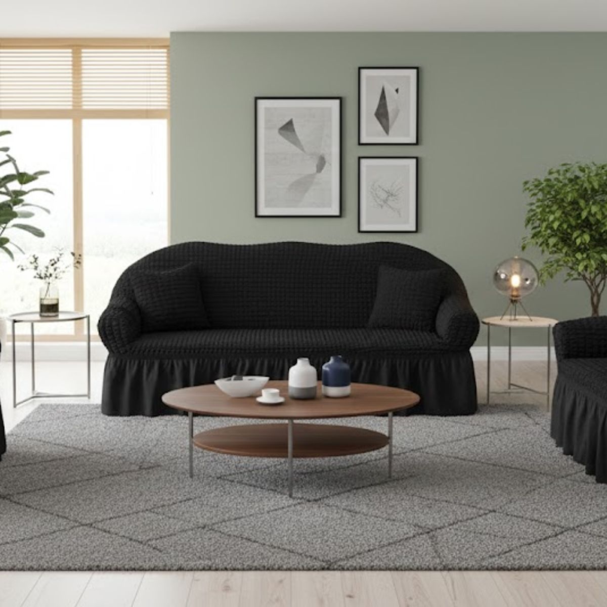 DIANA - FUNDA PARA SILLON 3+1+1 ELEGANTE MODELO TURCO UNICOLOR NEGRO SET DE 3 FUNDAS