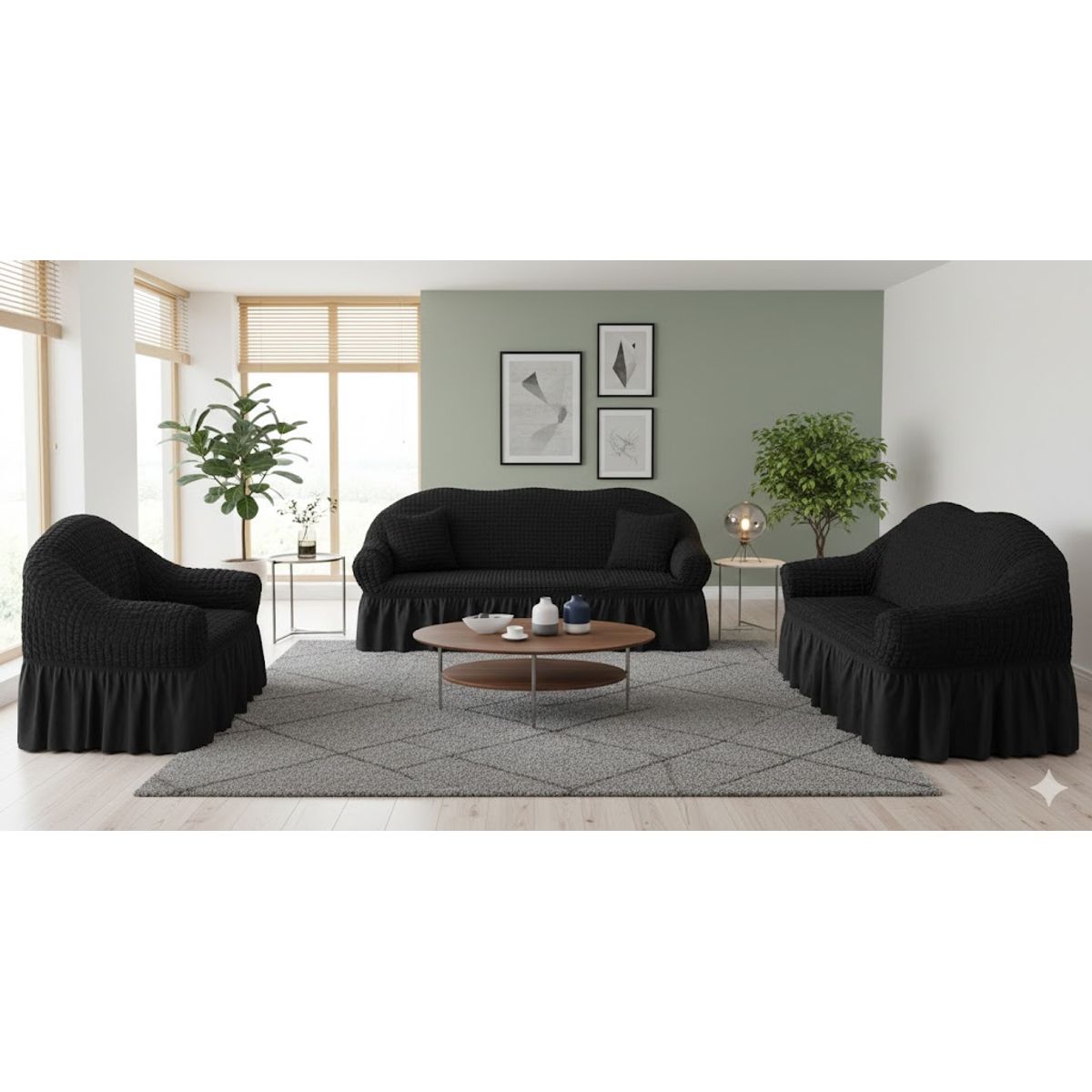 DIANA - FUNDA PARA SILLON 3+1+1 ELEGANTE MODELO TURCO UNICOLOR NEGRO SET DE 3 FUNDAS