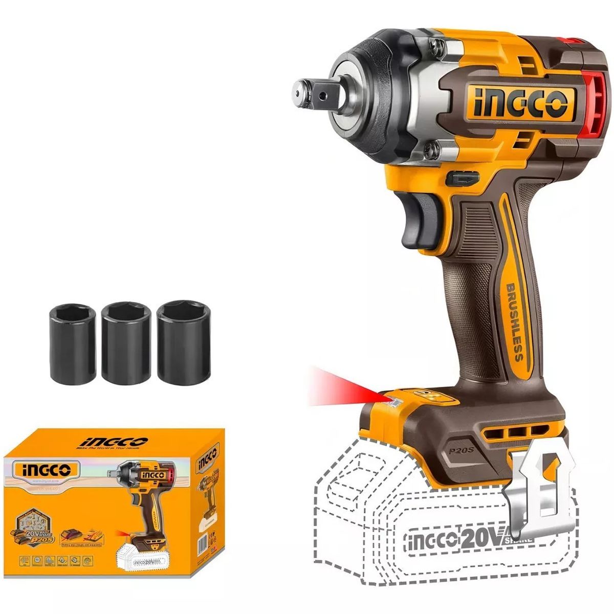 INGCO - Pistola De Impacto Bl Inalambrica Industrial 1/2" 20V/500Nm