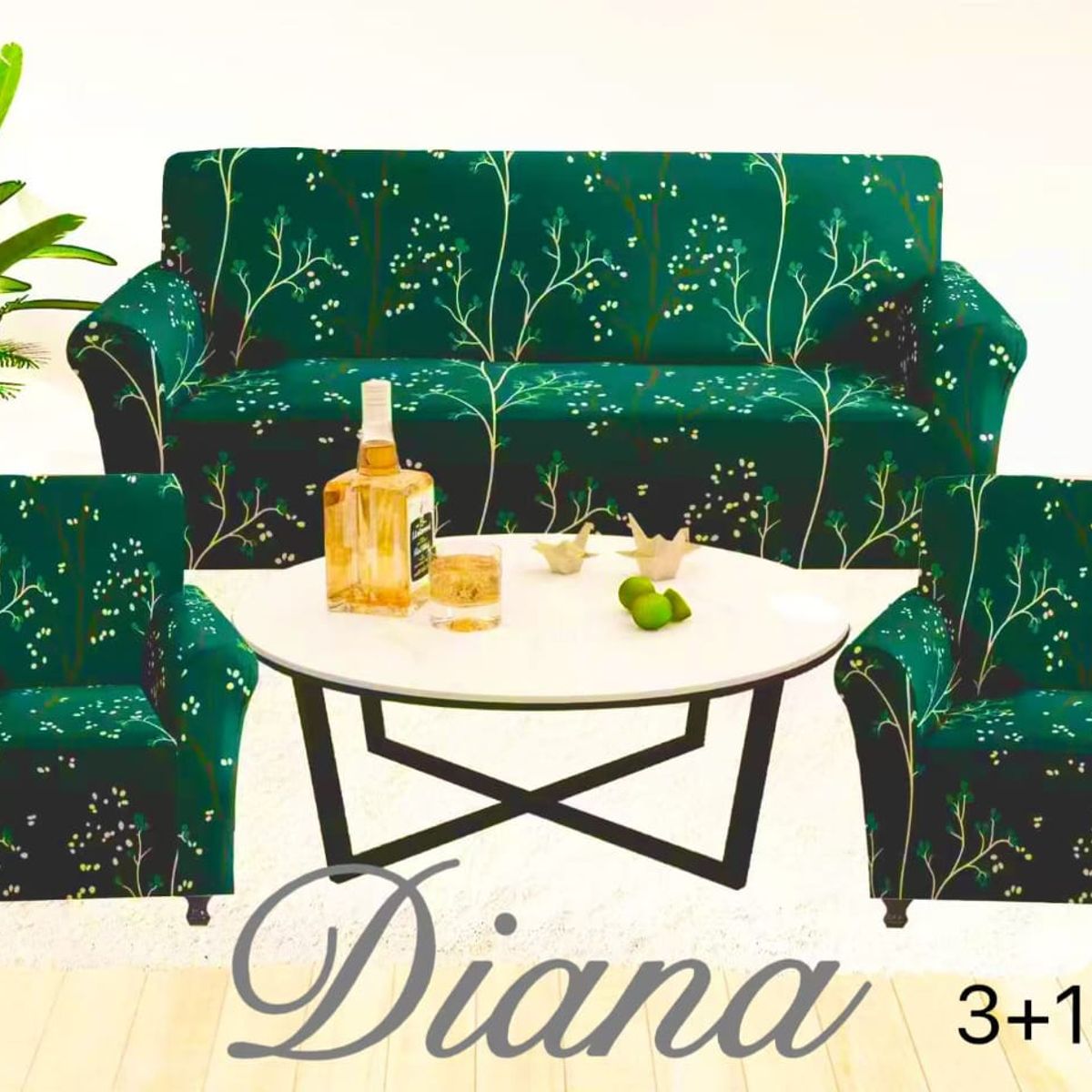 DIANA - FUNDA ELASTIZADA PARA SILLON 3+1+1 DISEÑO VERDE RAMAS
