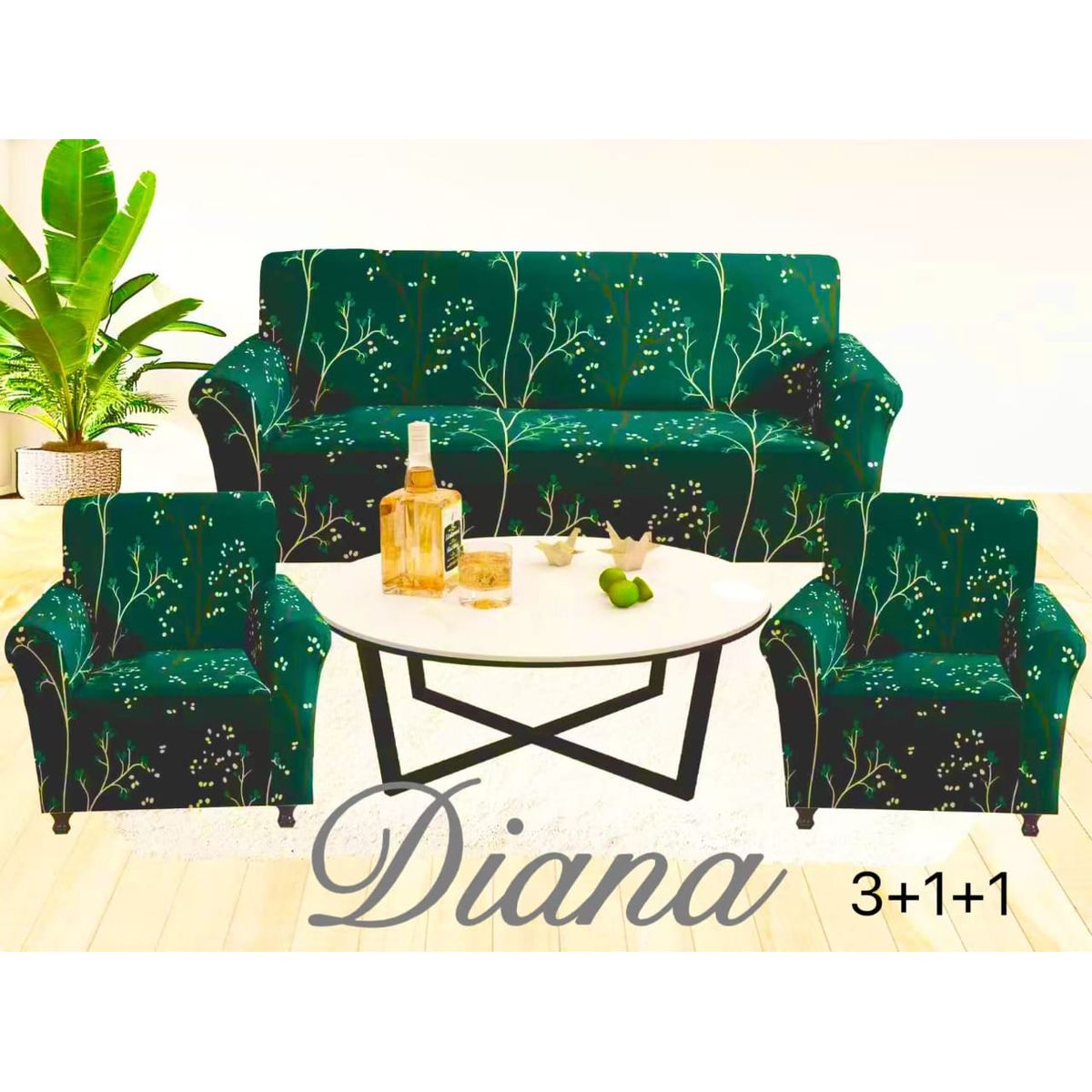 DIANA - FUNDA ELASTIZADA PARA SILLON 3+1+1 DISEÑO VERDE RAMAS