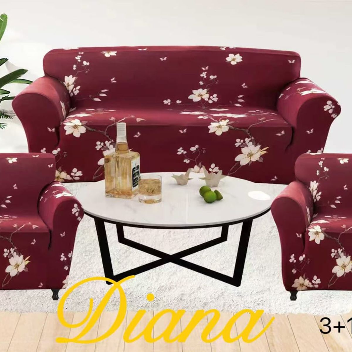 DIANA - FUNDA ELASTIZADA PARA SILLON 3+1+1 DISEÑO BURDEO FLOR