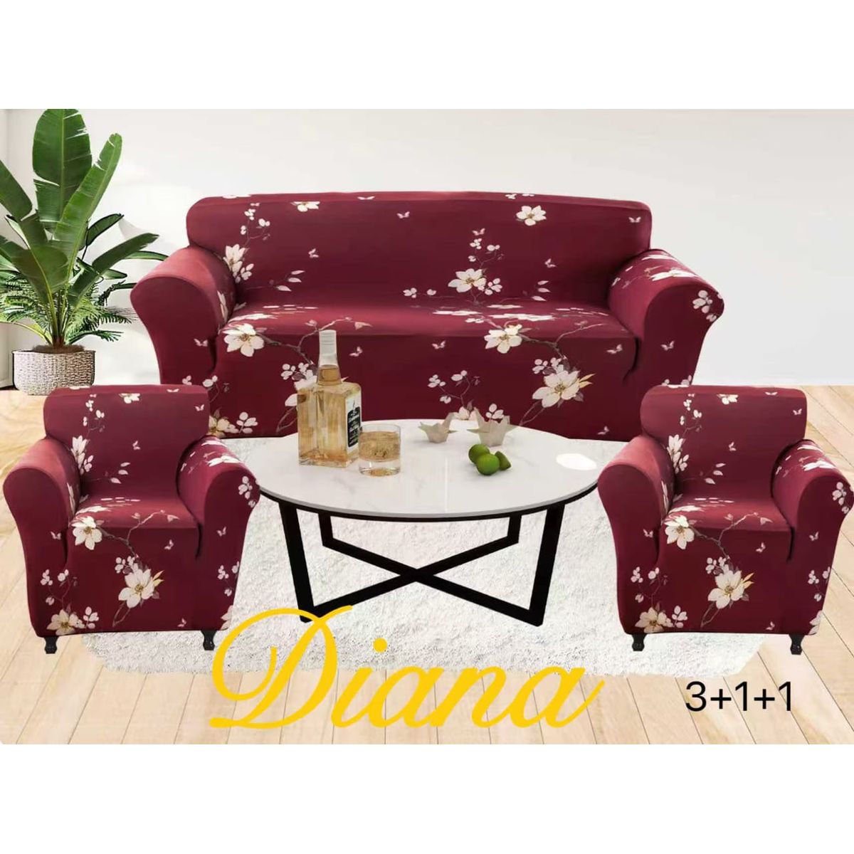 DIANA - FUNDA ELASTIZADA PARA SILLON 3+1+1 DISEÑO BURDEO FLOR
