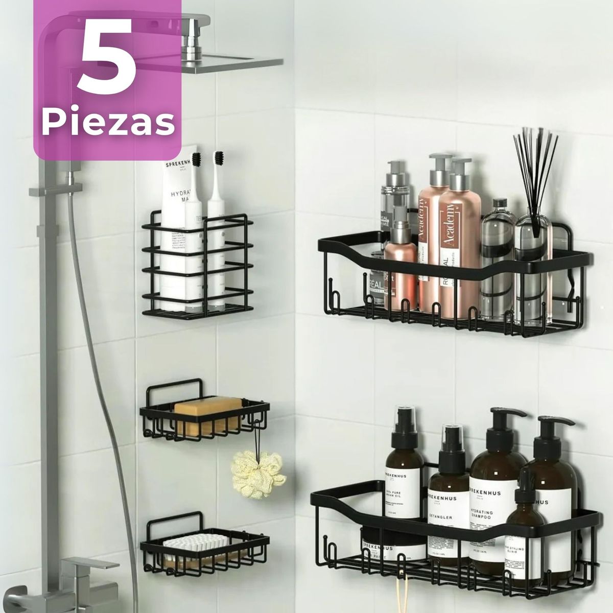 LINE - Set Organizador de Ducha 5 Piezas Acero Inox. Instalación Adhesiva