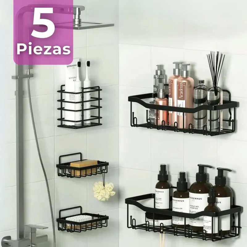 LINE - Set Organizador de Ducha 5 Piezas Acero Inox. Instalación Adhesiva