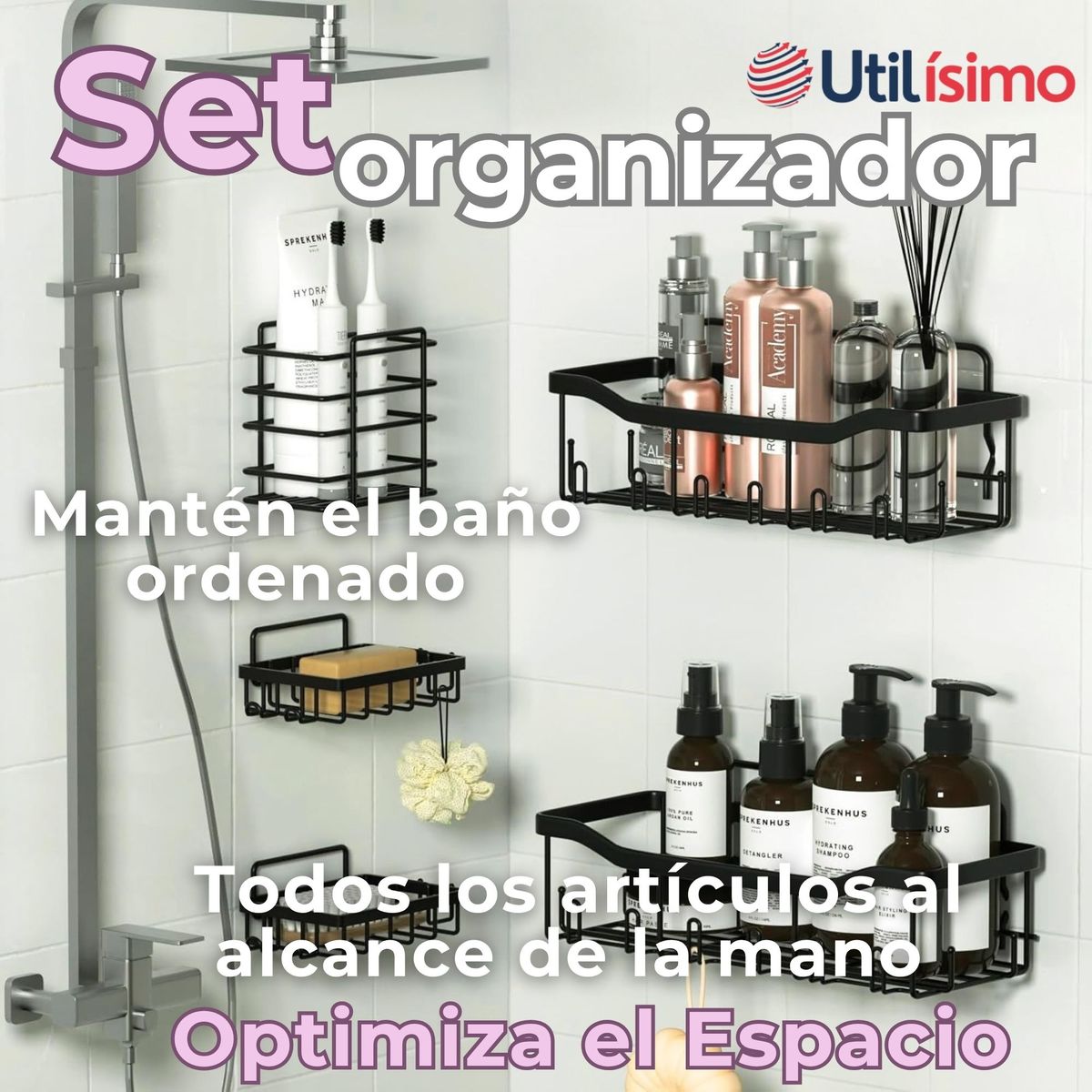 LINE - Set Organizador de Ducha 5 Piezas Acero Inox. Instalación Adhesiva