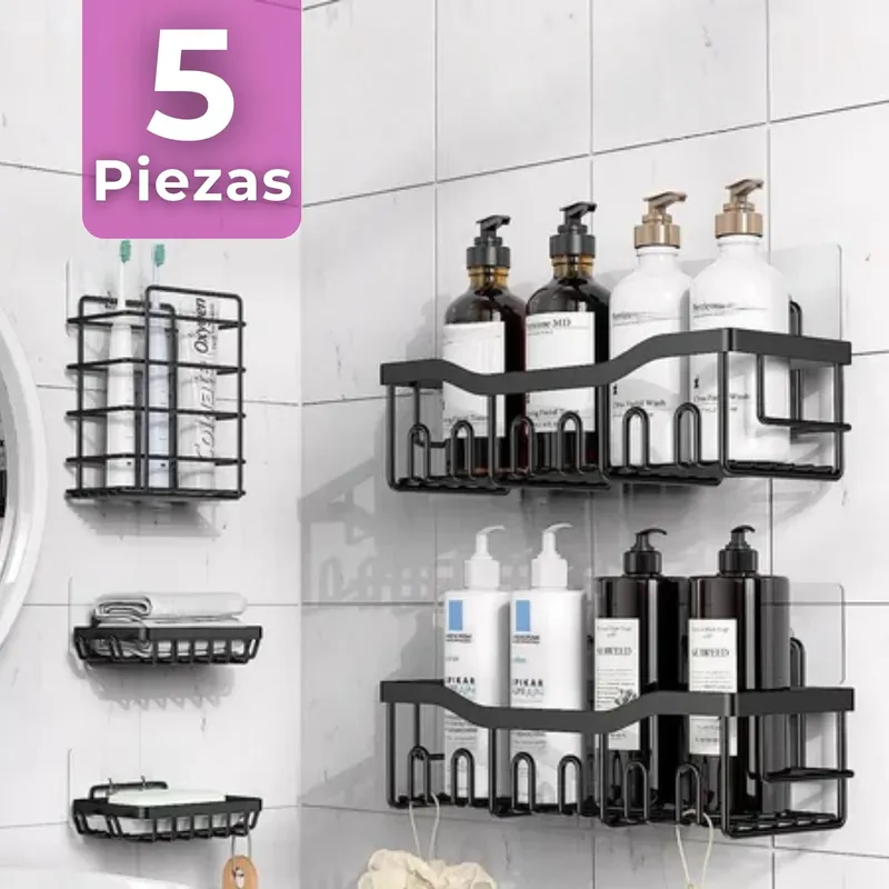LINE - Set Organizador de Ducha 5 Piezas Acero Inox. Instalación Adhesiva