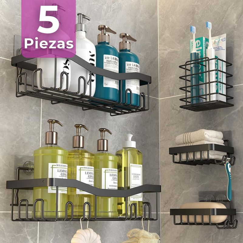 LINE - Set Organizador de Ducha 5 Piezas Acero Inox. Instalación Adhesiva