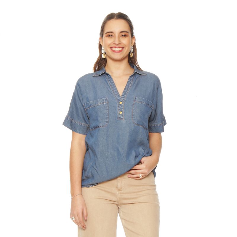 WADOS - BLUSA MANGA CORTA TENCEL  ESCOTE V CON BOLSILLOS