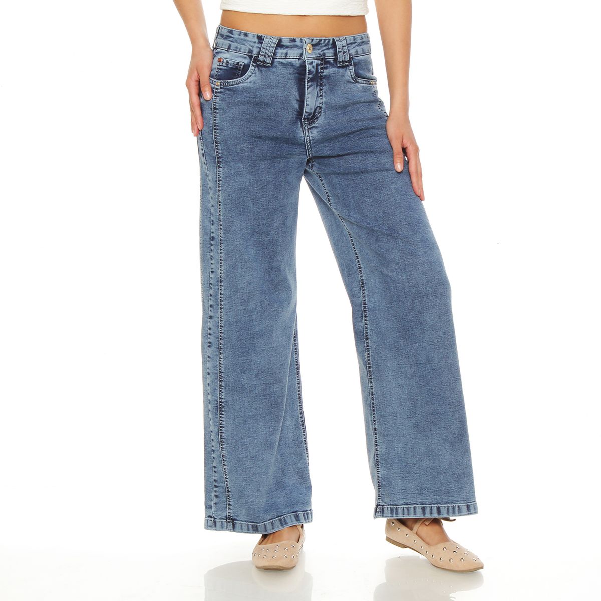 WADOS - JEANS MUJER WIDE LEG TIRO ALTO COSTADILLOS PRETINA BASICA 1 BOTON