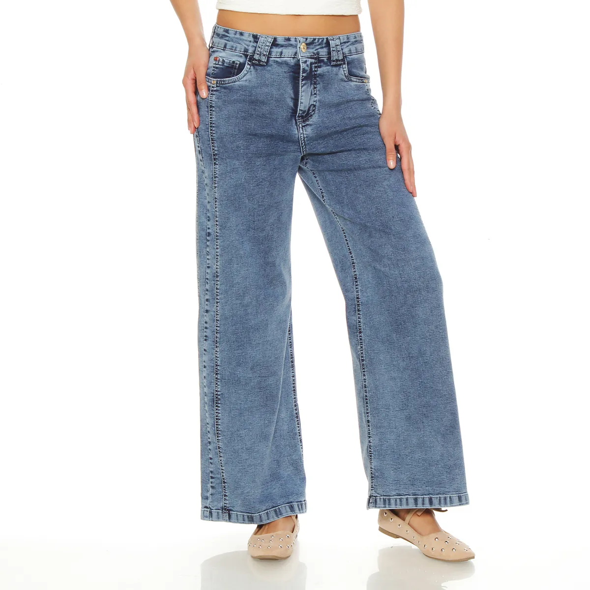 WADOS - JEANS MUJER WIDE LEG TIRO ALTO COSTADILLOS PRETINA BASICA 1 BOTON