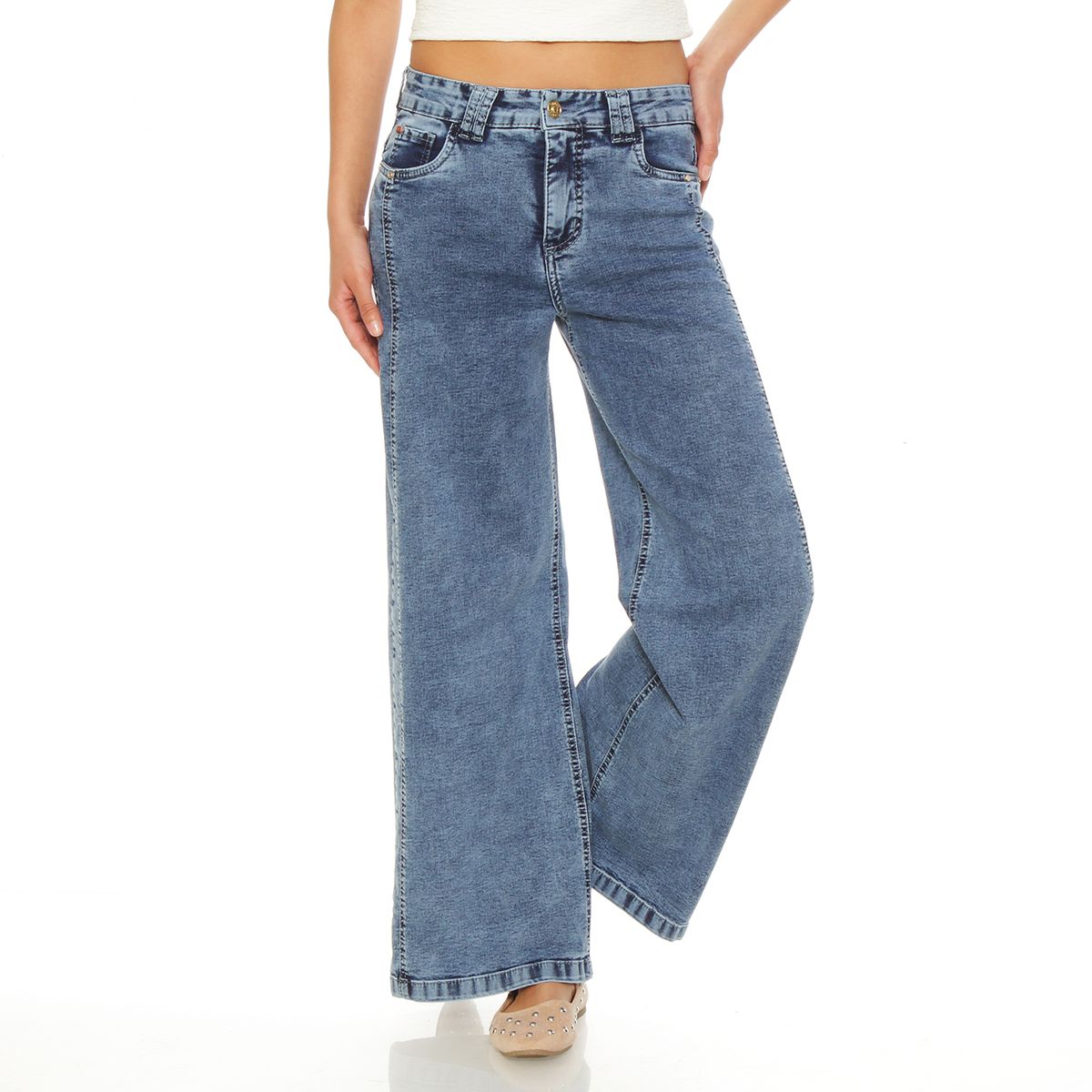 WADOS - JEANS MUJER WIDE LEG TIRO ALTO COSTADILLOS PRETINA BASICA 1 BOTON