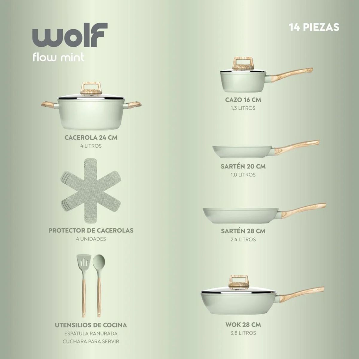 GENERICO - Baterías De Cocina Juego De Ollas Flow 14 Piezas - Menta