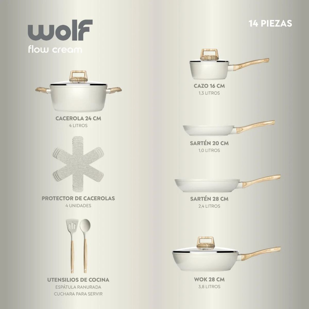 GENERICO - Baterías De Cocina Juego De Ollas Flow 14 Piezas - Beige