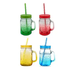 GENERICO - Pack de 4 Tazas De Vidrio Con Tapa Y Bombilla De Colores