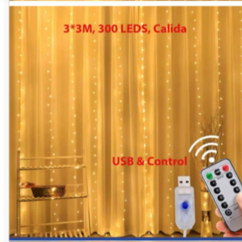 ANGELES DEL HOGAR - CORTINA LUZ LED USB 300 LUCES 3X3M CON CONTROL REMOTO