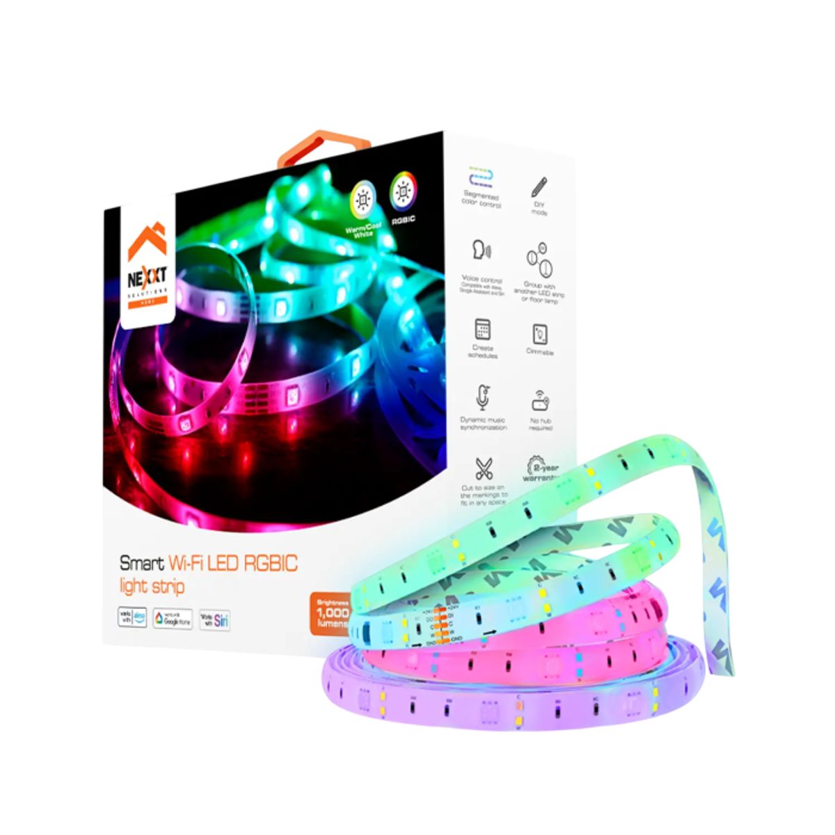 NEXXT SOLUTIONS - Nexxt Solutions Cinta LED Inteligente Wi-Fi RGBIC 5m, Multicolor, Control por Voz y App Nexxt Home, Sincronización con Música y Escenas Personalizables