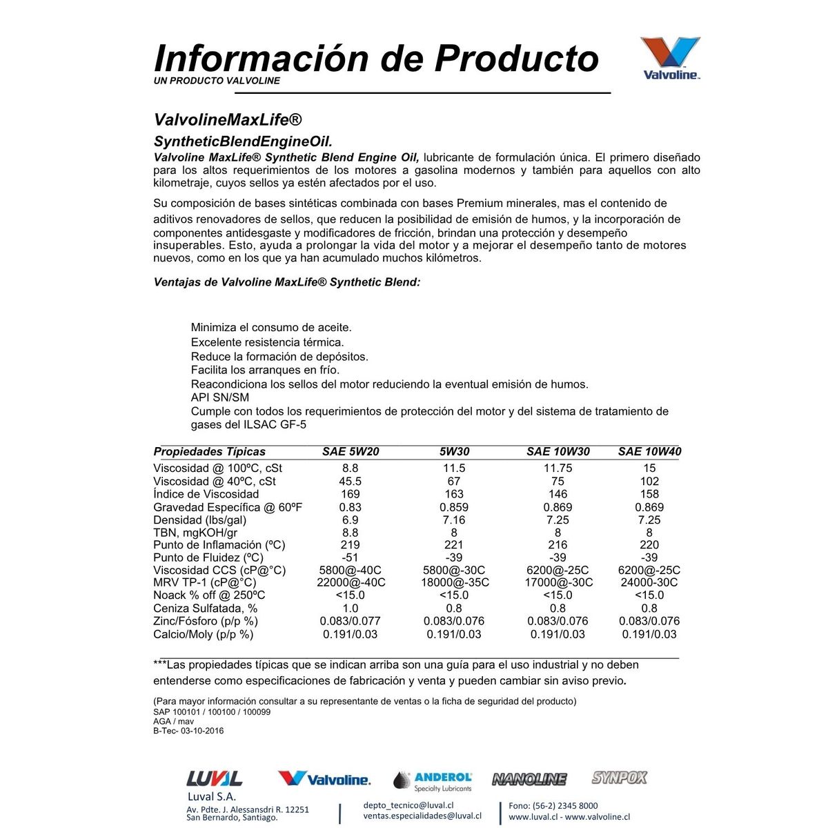 VALVOLINE - Aceite Motor 10w40 marca Valvoline Max Life Synthetic Blend 4 Lts.