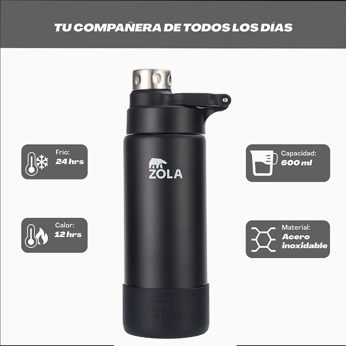 ZOLA OUTDOORS - Botella Térmica 600 ML ZOLA OUTDOORS NEGRA