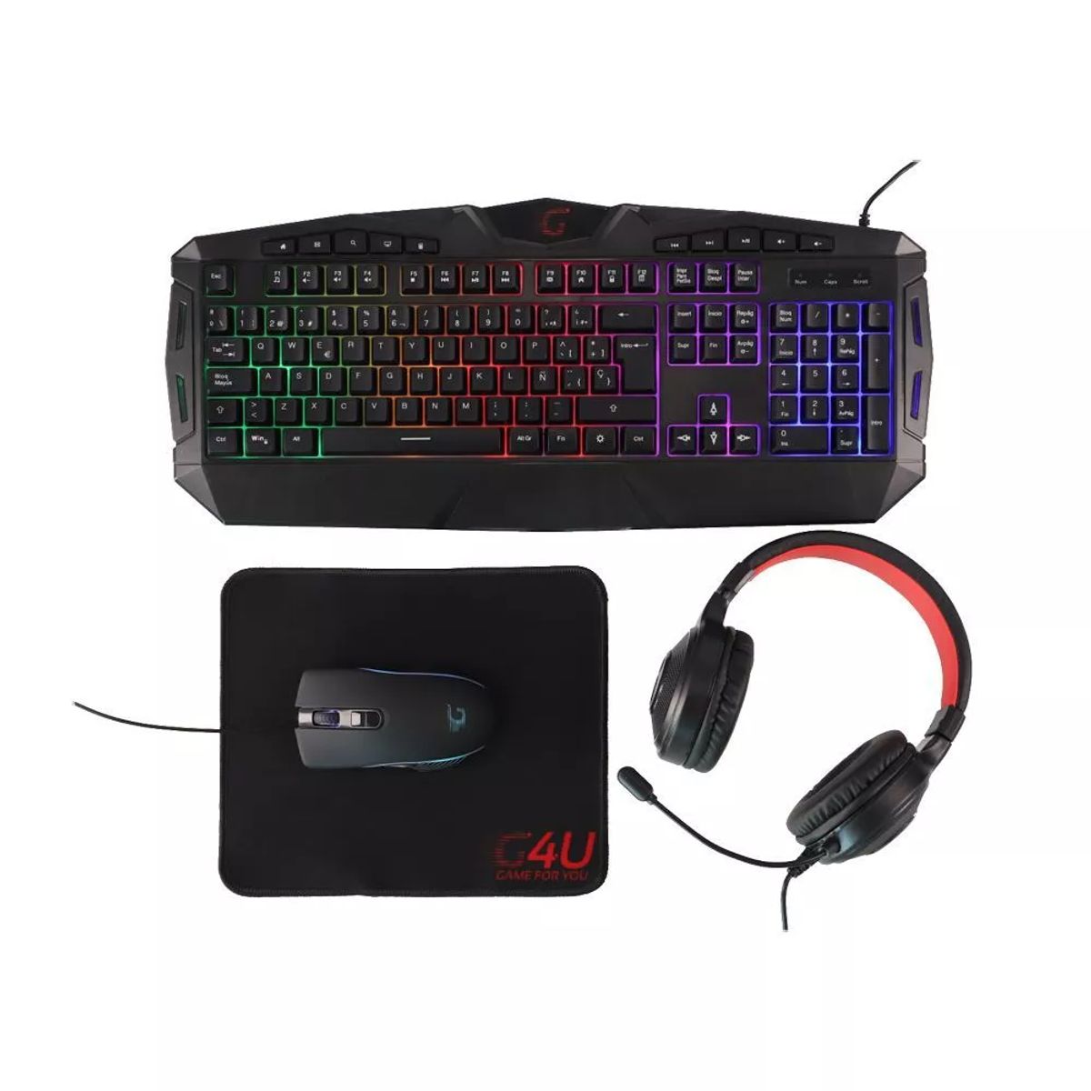 E4U - Kit Gamer 4 en 1 G4U - Audífonos + Teclado + Mouse + Mouse Pad