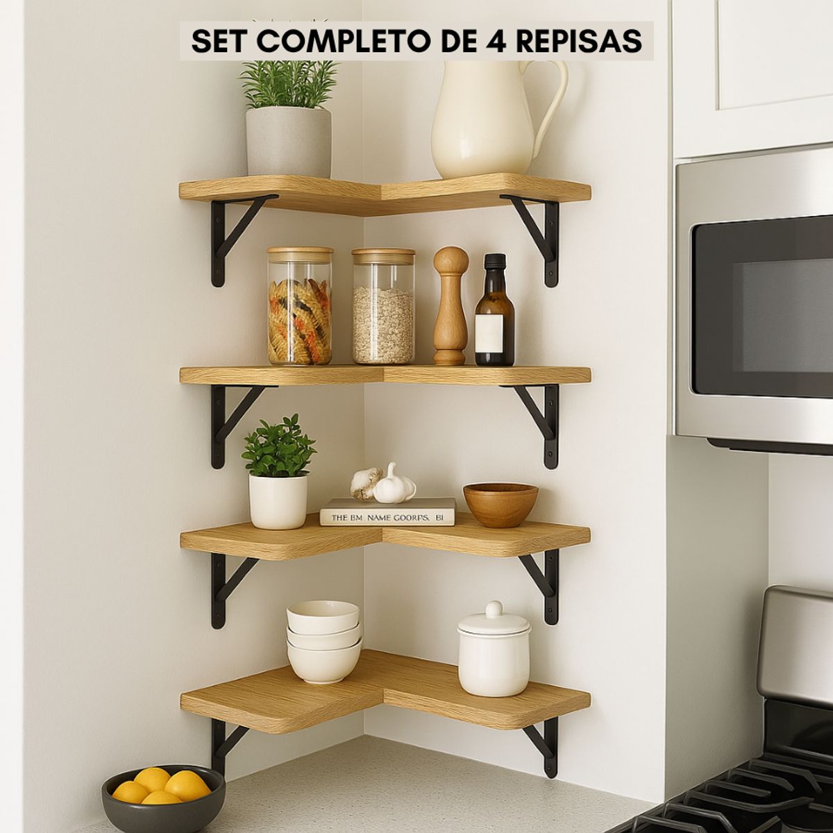 GENERICO - Repisas Esquineras Flotantes Madera Clara Set de 4 con Soportes