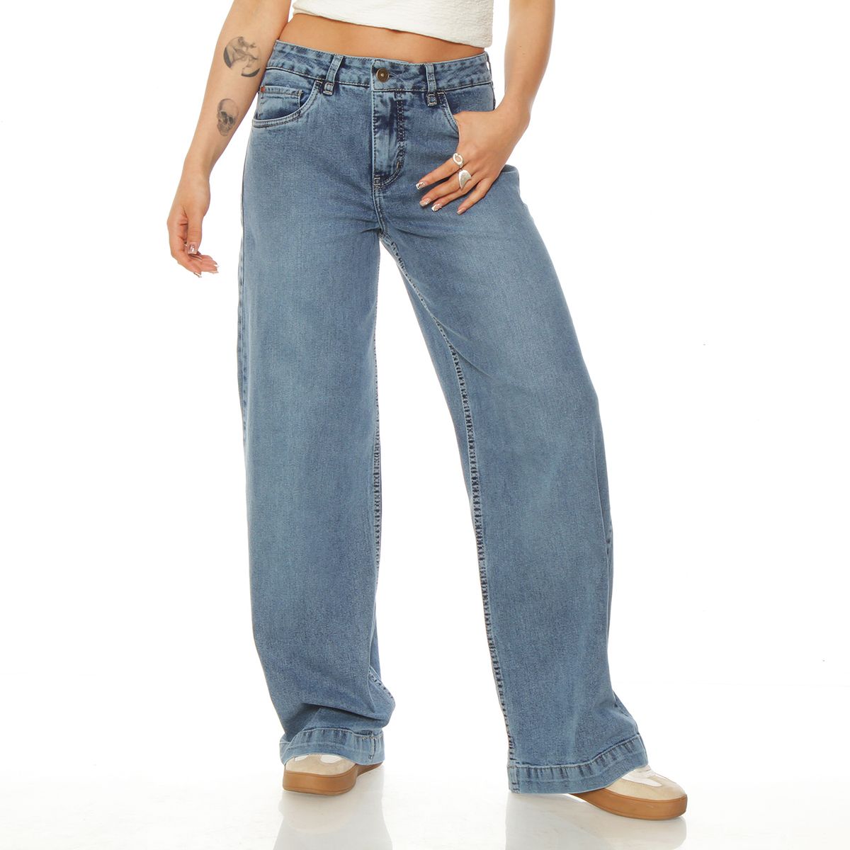WADOS - JEANS WIDE LEG TIRO ALTO PRETINA BASICA 1 BOTON