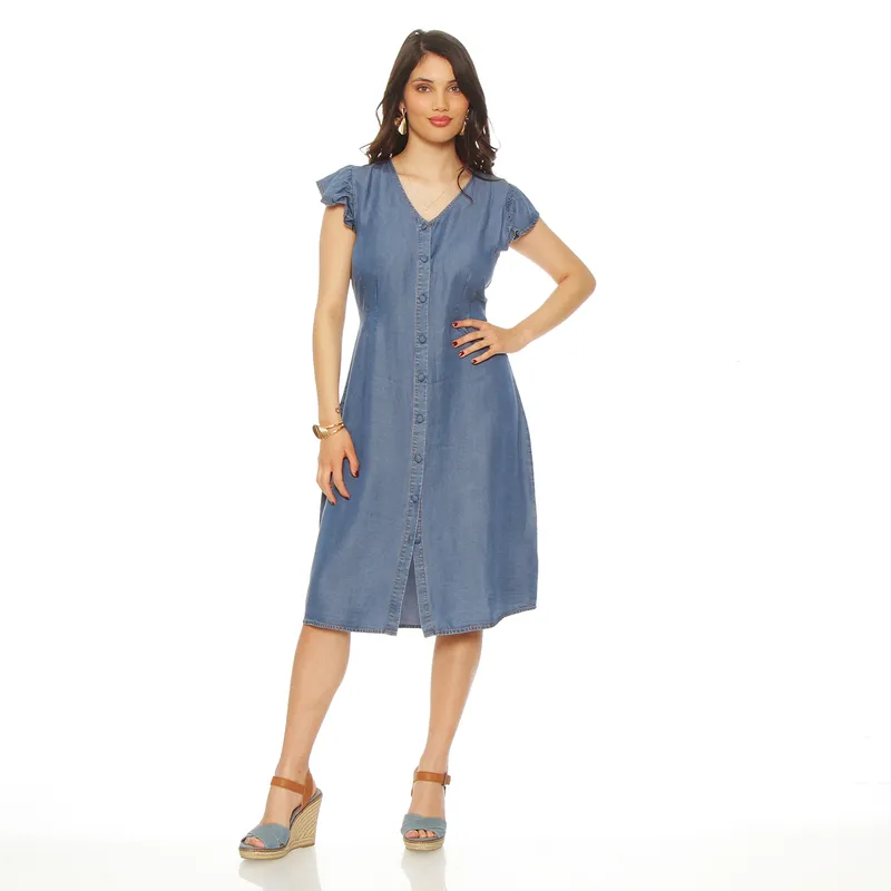 WADOS - VESTIDO TENCEL MANGA CORTA ESCOTE V ABOTONADO EN DELANTERO