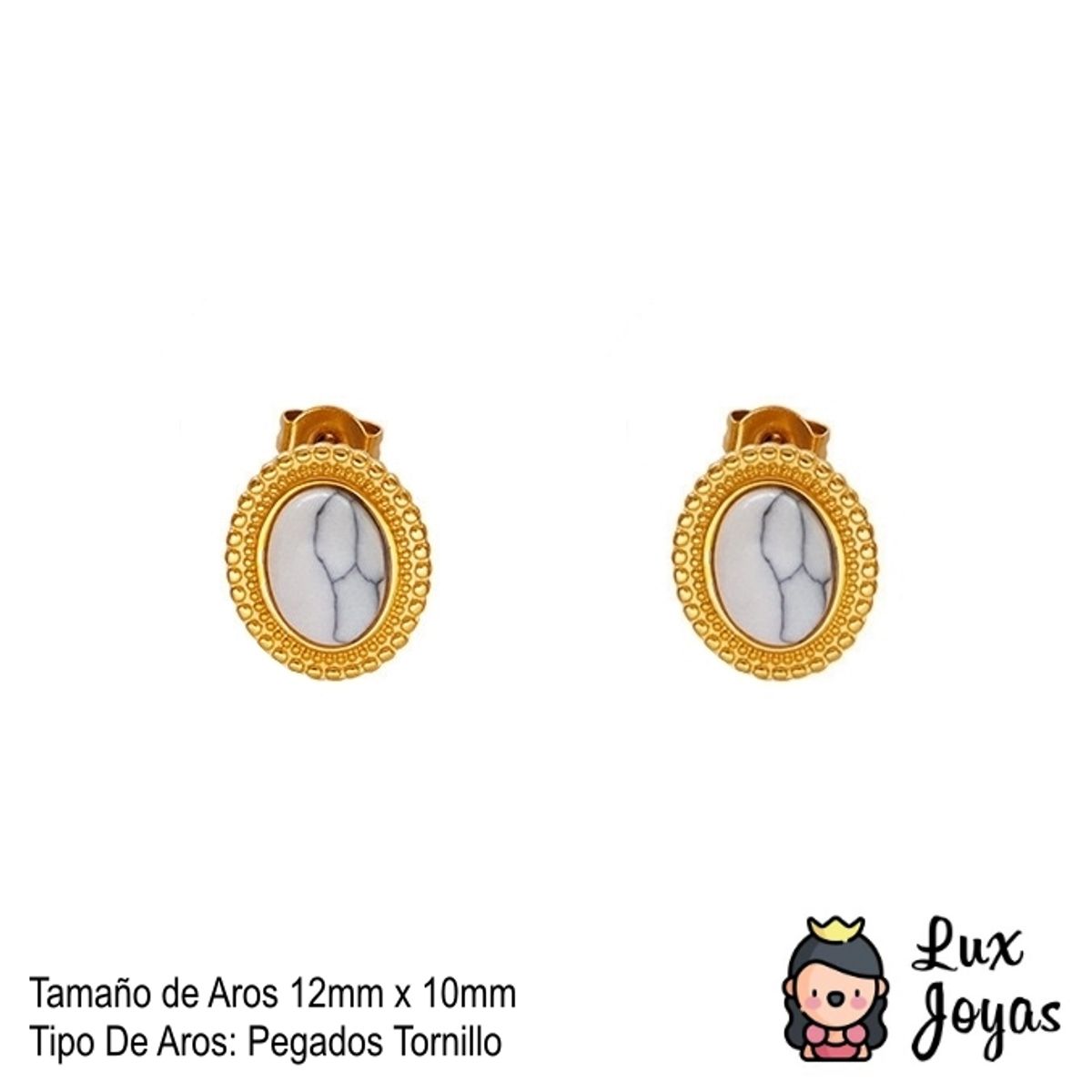 LUX JOYAS - Aros Baño Oro Amarillo 18k Pelotitas Piedra Howlita