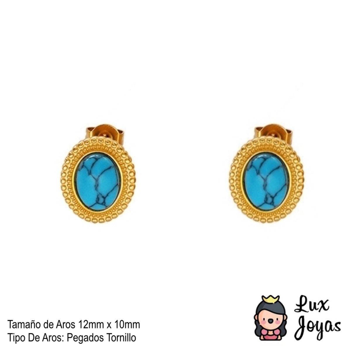 LUX JOYAS - Aros Baño Oro Amarillo 18k Pelotitas Piedra Crisocola